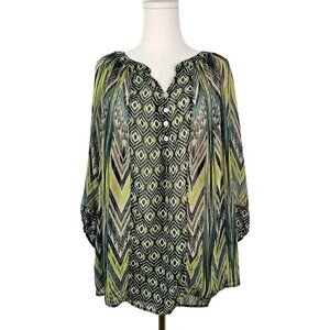 Figueroa & Flower 3X Sheer Green Boho Tunic Blouse 3/4 Sleeve Peacock Print